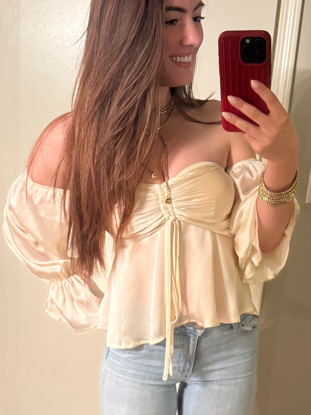 Off-Shoulder Cream Satin Blouse with Tie Front